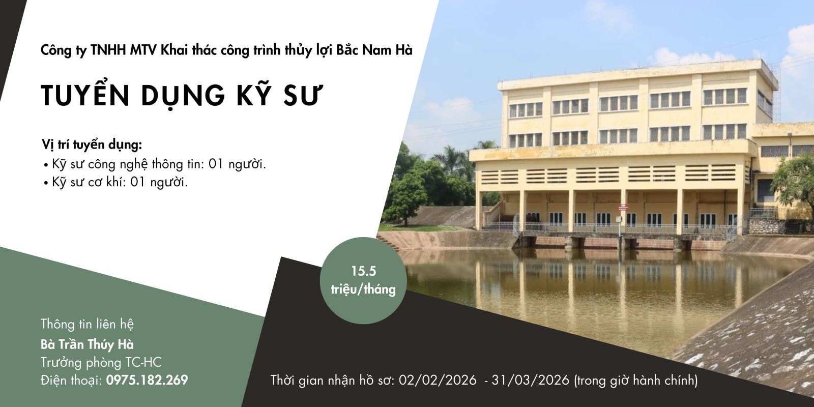 Tuyển dụng Kỹ sư CNTT và Cơ khí làm việc tại Công ty Khai thác Công trình Thủy lợi Bắc Nam Hà (Lương lên đến 15,5 triệu đồng)