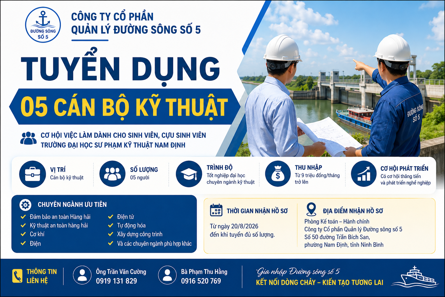 Công ty Quản lý Đường sông số 5 tuyển 05 cán bộ kỹ thuật