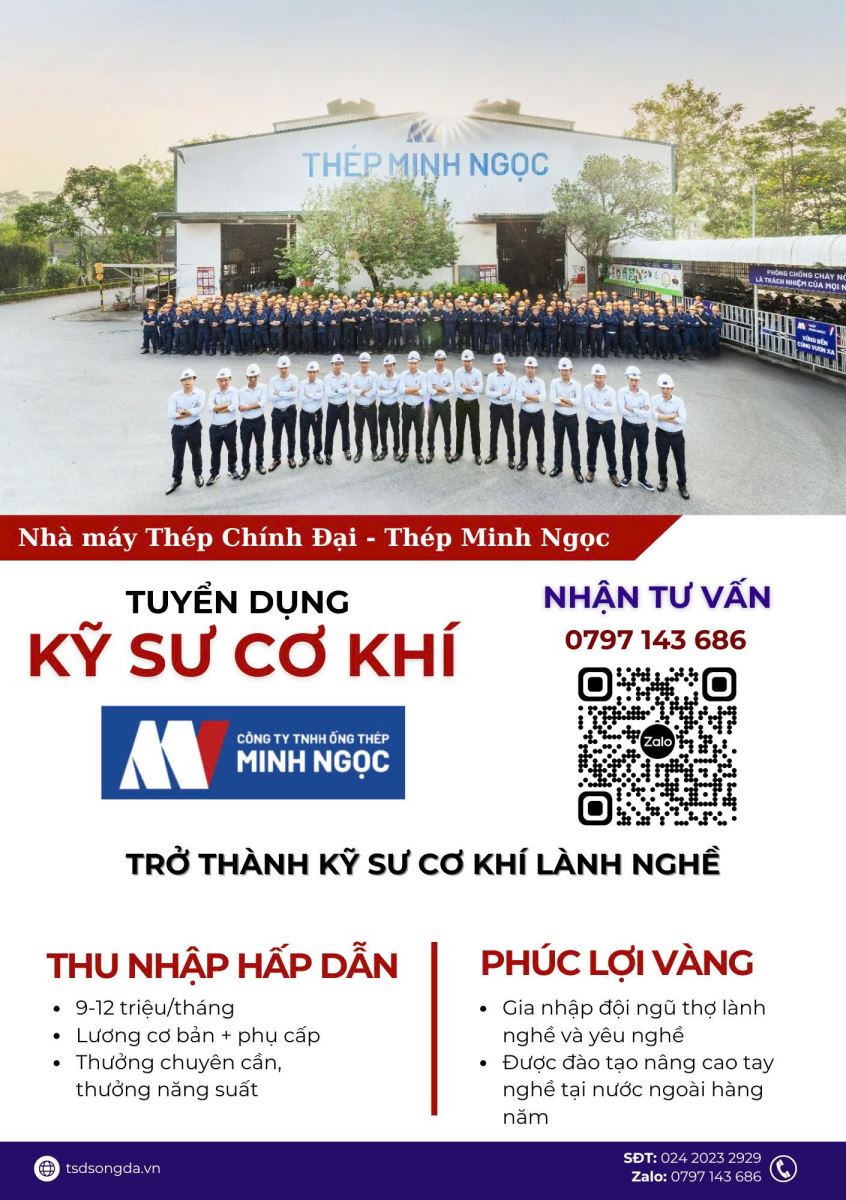 Nhà máy Thép Minh Ngọc tuyển dụng Kỹ sư Cơ khí với mức thu nhập 9-12 triệu/tháng.